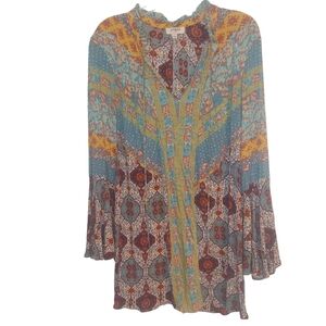 Umgee Bohemian Mixed Print Bell Sleeve Loose Fitting Dress Size L VGUC